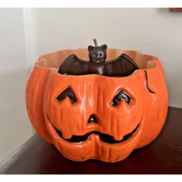 VTG Halloween Bat Coming Out Of Jack O' Lantern Paraffin Candle Holder Large - Picture 3 of 8